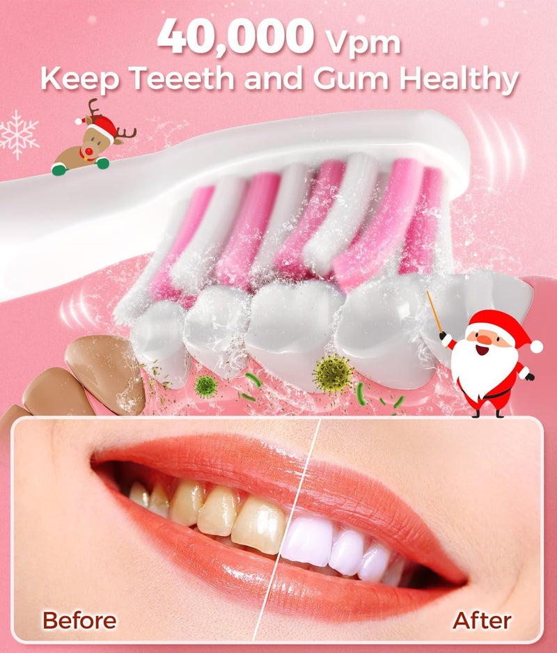 TEETHEORY Sonic Electric Toothbrush for Adults, Power Electric Toothbrush with 8 Brush Heads, Travel Case, 40000 VPM Deep Clean 5 Modes, Rechargeable Toothbrushes Fast Charge 4 Hours Last 30 Days, Pink - Image 3